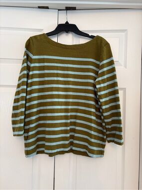 LOFT Olive Green and Light Blue Striped Long Sleeve Top